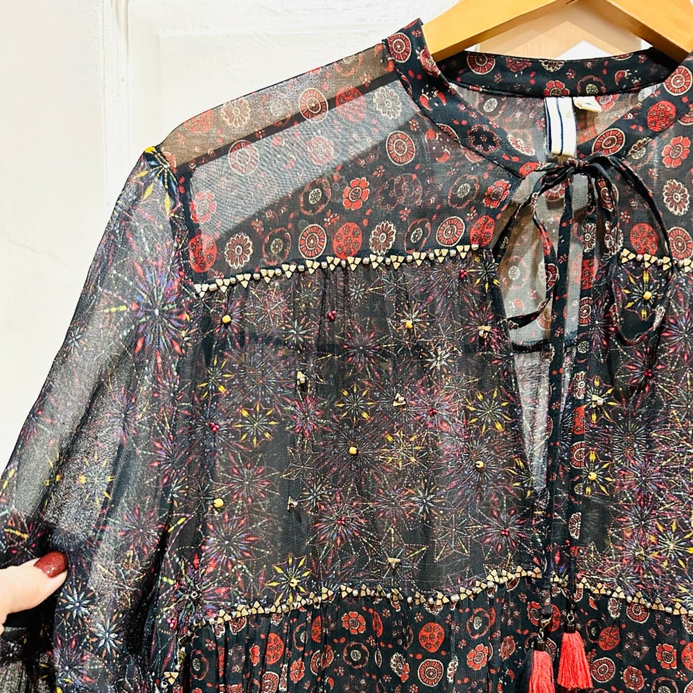 bl-nk london Anthropologie Gold Beaded Tassel Boho Peasant Top Sheer Size S - Picture 3 of 7